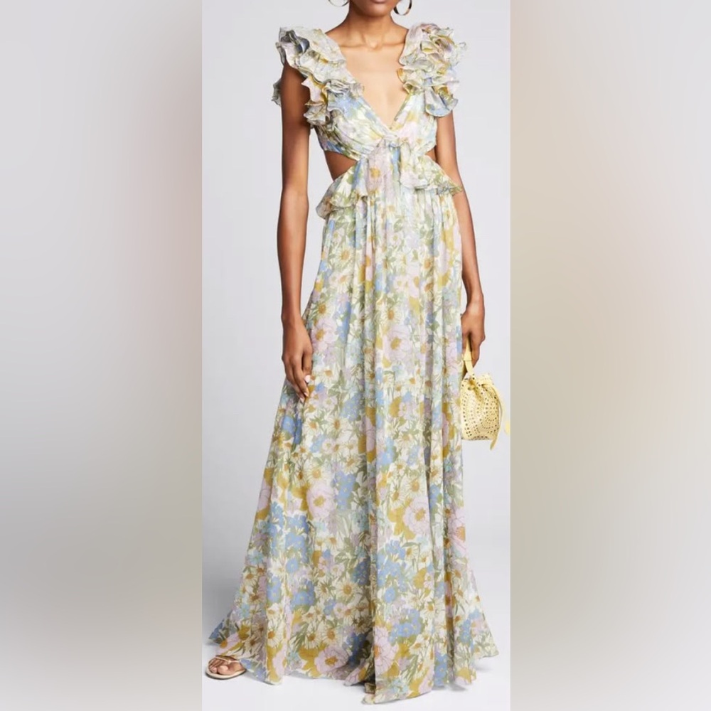 Floral Ruffle V-Neck Maxi Dress in Pastel Mix Luxxel Medium
